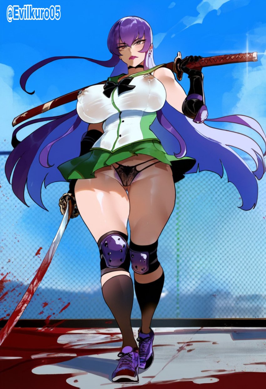 ai_generated blood bloody_sword evilkuro05 highschool_of_the_dead holding_katana saeko_busujima thiccwithaq_(ai_style) walking