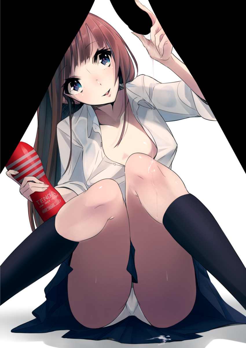 1boy artificial_vagina black_legwear blue_eyes blush brown_hair cum cum_on_body cum_on_lower_body cumdrip female highres kneehighs knees_together_feet_apart long_hair open_mouth original panties pantyshot pantyshot_(sitting) pecolondon penis_grab pleated_skirt school_uniform sitting skirt smile solo_focus straight unbuttoned underwear white_panties