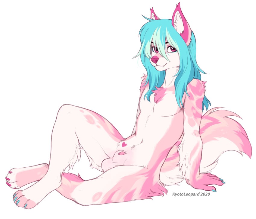 2020 4_toes 5_fingers absurd_res anthro blue_hair canid canine canis digital_media_(artwork) domestic_dog fingers fur hair hi_res kyotoleopard looking_at_viewer male male_only mammal pink_body pink_fur red_eyes simple_background sitting smile solo solo_male toes white_background