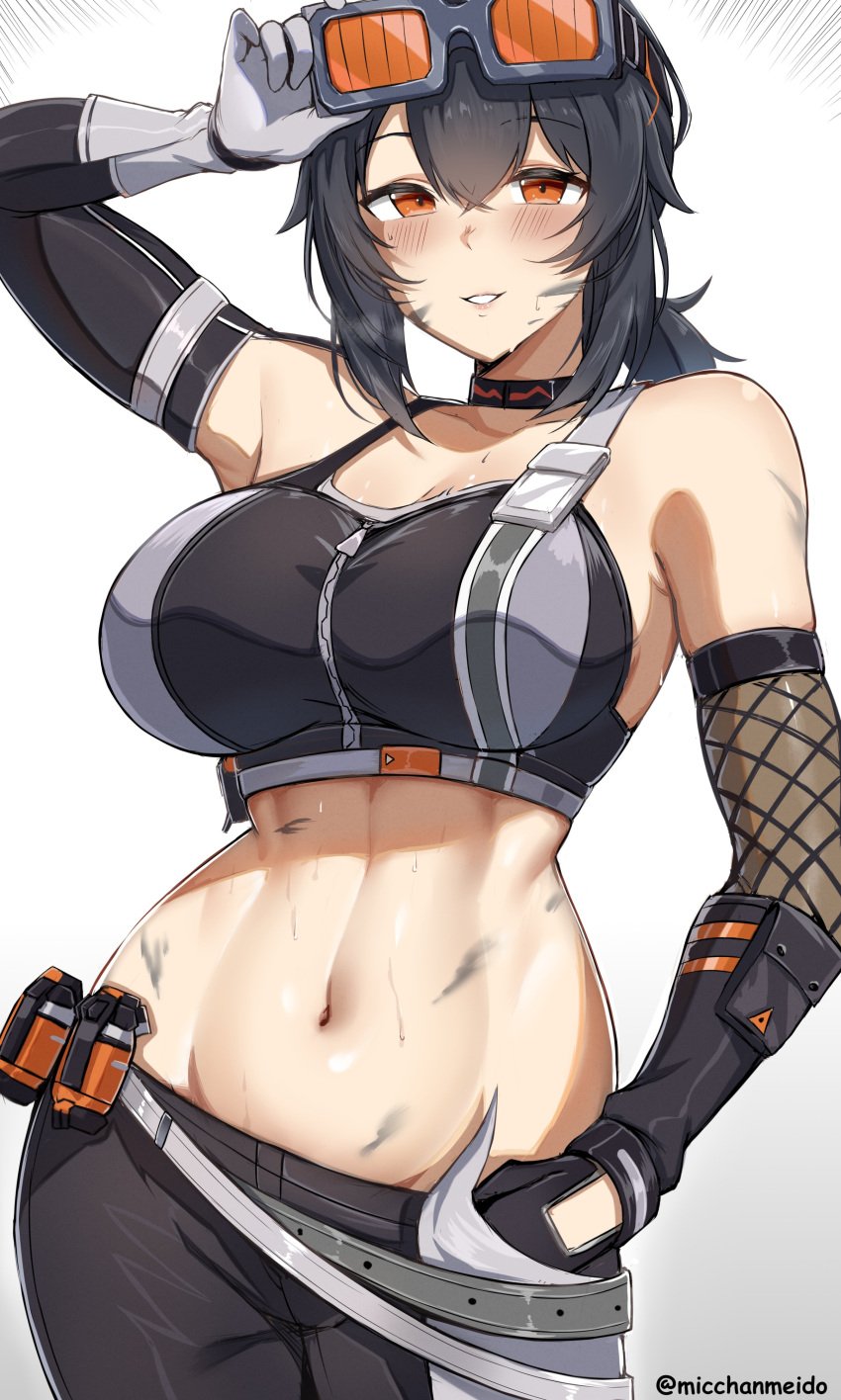 1girls black_hair breasts female goggles grace_howard large_breasts light-skinned_female light_skin micchan_(micchanmeido) midriff sweat sweaty_body thick_thighs toned wide_hips zenless_zone_zero