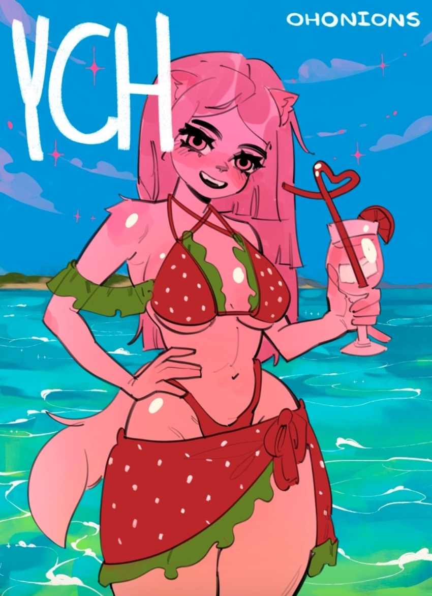 anthro beach big_breasts bikini bikini_bottom bikini_top blush breasts breasts_out_of_clothes curves curvy curvy_body curvy_female curvy_figure curvy_hips female female_focus female_only hand_on_hip holding_alcohol holding_cocktail holding_drink holding_object human humanoid ocean ocean_background ohonions seaside seductive smile smiling smiling_at_viewer strawberry strawberry_panties strawberry_print summer thick thick_ass thick_thighs thighs ych ych_(character)