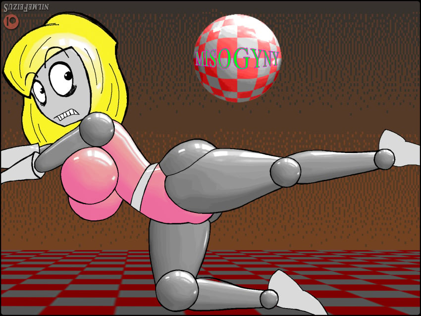 amiga_(computer) artist_upload ball blonde_hair borrowed_character eric_schwartz female juggette_(eric_schwartz) juggler looking_back pink_dress robot self_upload solo suziefemlin tagme text