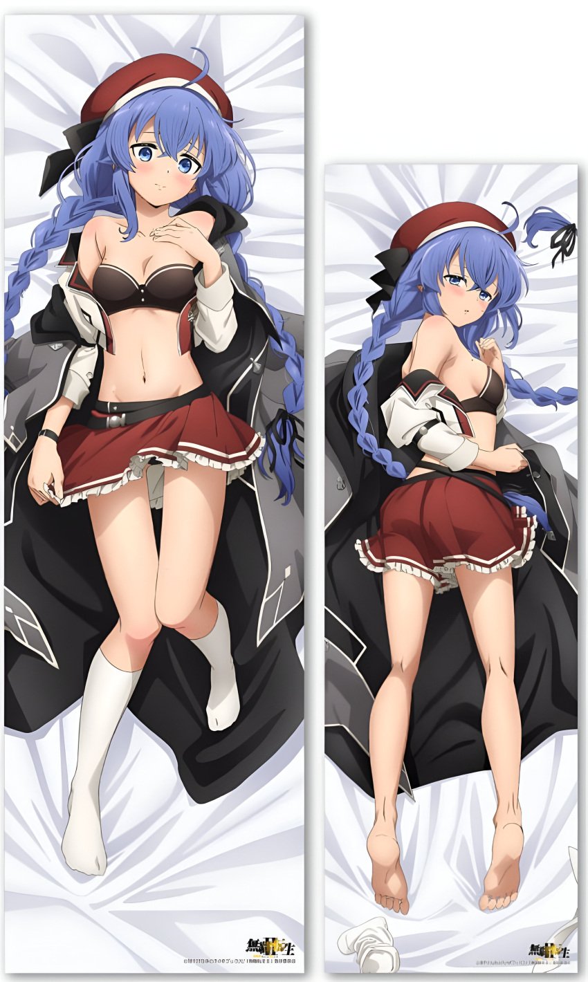 1girls ass bare_belly bare_legs bare_shoulders bare_thighs barefoot bed_sheet belly_button blue_eyes blue_hair blush body_blush bra breasts cleavage collarbone dakimakura dakimakura_design embarrassed feet female female_only hat holding_skirt jacket_removed long_hair lying lying_on_stomach mole mouth_closed mushoku_tensei official_art open_mouth roxy_migurdia sideboob skirt small_breasts socks solo thighs toes twintails white_socks