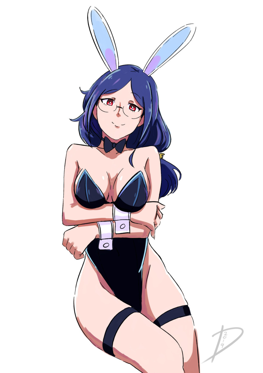 1girls 2019 blue_hair bow_tie bowtie bunny_ears bunnysuit deanialsart eyebrows_visible_through_hair eyewear fanart female female_focus female_only glasses hair little_witch_academia long_hair looking_at_viewer open_eyes pale-skinned_female pale_skin simple_background smile smiling solo solo_female solo_focus studio_trigger twitter ursula_callistis white_background