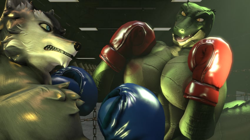 1boy 1girls 3d 3d_(artwork) anthro blue_boxing_gloves blue_eyes blue_gloves boxing boxing_gloves boxing_ring breasts canid canine canis clothing crocodilian digital_media_(artwork) duo female fighting_pose fighting_ring gloves handwear hi_res inside leafytheleafer looking_at_another male mammal mixed_boxing muscular muscular_anthro muscular_female muscular_male nude open_mouth petruz_(copyright) pose red_boxing_gloves red_gloves reptile scalie sharp_teeth smile snarling source_filmmaker_(artwork) sport standing tail teeth wolf yellow_eyes