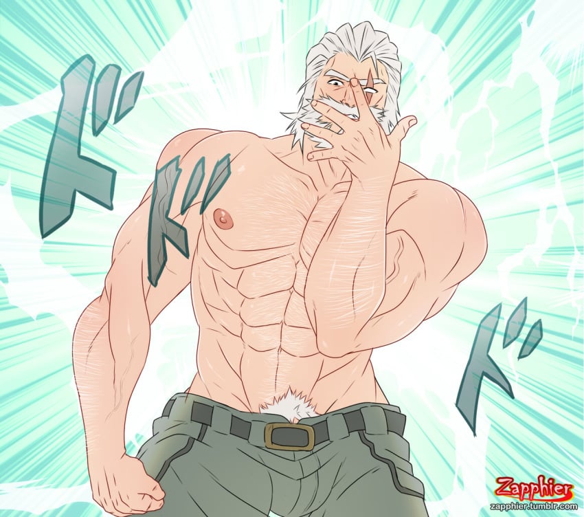 gray_hair jojo_reference male_only muscular no_visible_genitalia older_male overwatch overwatch_2 pubic_hair reinhardt reinhardt_wilhelm scar shirtless