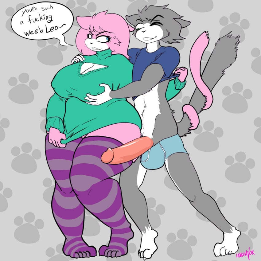 2015 aeris_(vg_cats) anthro big_breasts blinking blue_eyes breast_grab breasts clothing dialogue duo entwined_tails feline feline female fur green_eyes grey_fur grey_hair hair hand_on_breast huge_breasts iamzavok legwear leo_(vg_cats) male mammal penis pink_fur pink_hair shirt slightly_chubby smile stockings sweater underwear vg_cats