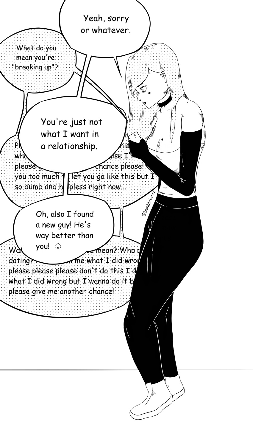 black_and_white breakup bunblebeez caption cheating choker cold crop_top english_text fingerless_gloves gloves leggings netorare ntr phone qos qos_tattoo queen_of_spades sneakers spade spade_tattoo speech_bubble speech_bubbles text