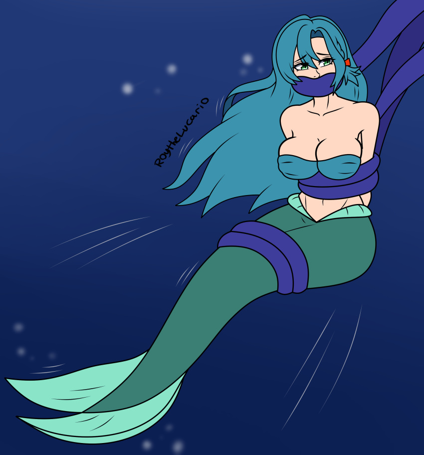 1girls aqua_hair bondage bound chloe_(fire_emblem) female femsub fire_emblem fire_emblem_engage gag gagged green_eyes large_breasts long_hair mermaid nintendo restrained roythelucario strapless_top tentacle_gag