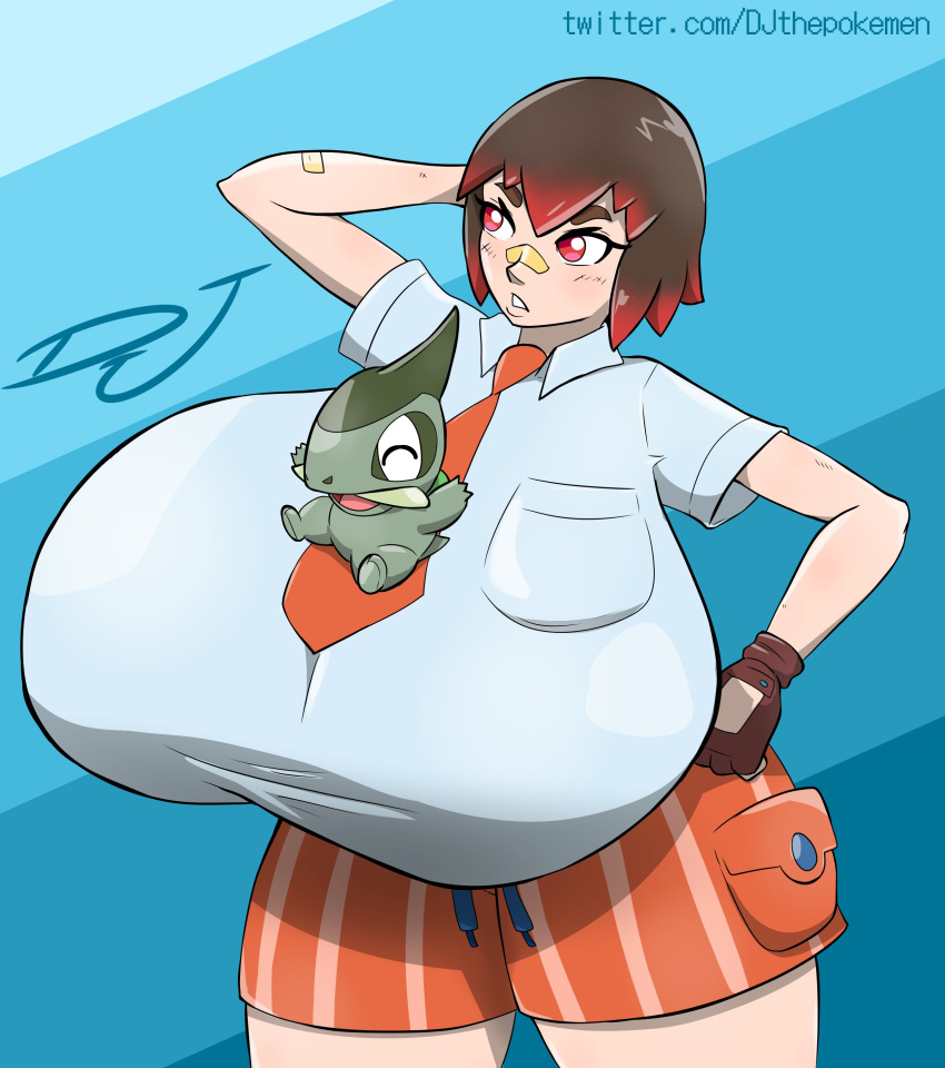 axew bandage big_breasts blush breasts breasts_bigger_than_head creatures_(company) djthepokemen game_freak generation_5_pokemon nintendo oc original_character pocket pokémon_(species) pokemon pokemon pokemon_(species) pokemon_bw pokemon_trainer shorts