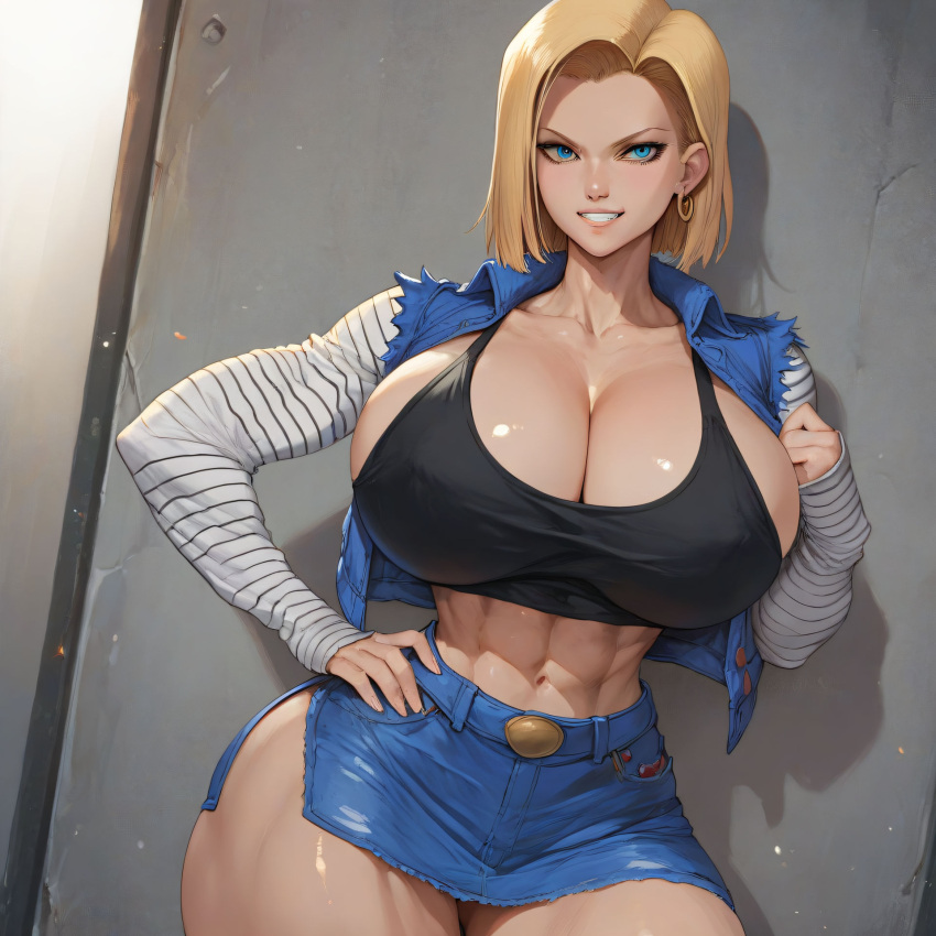 abs ai_generated android_18 big_breasts breasts cameltoe dragon_ball dragon_ball_z huge_breasts large_breasts milf mommy muscular muscular_female skirt smoke696 stable_diffusion thick_thighs