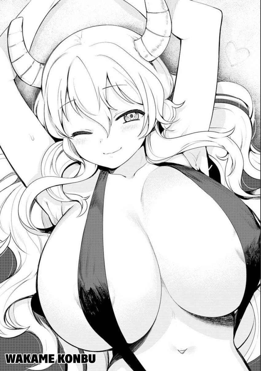 1female 1girls 2d 2d_(artwork) ;) areola_slip areolae areolae_peeking areolae_slip areolae_visible_through_clothing arms_above_head arms_up artist_name belly_button big_breasts bikini bikini_top black_and_white blush blush blush_lines blushing_at_viewer blushing_female breasts breasts_bigger_than_head closed_legs closed_mouth closed_smile colorless dragon dragon_girl dragon_horns dragon_humanoid dro english_text english_translation female female female_focus female_humanoid female_only greyscale hi_res high_resolution highres horn horned_humanoid horns huge_breasts human_form kobayashi-san_chi_no_maidragon kobayashi-san_chi_no_maidragon_official_doujinshi_set konbu_wakame large_breasts laying laying_down laying_on_back laying_on_floor laying_on_ground light-skinned light-skinned_female light_skin long_hair lucoa lucoa_(maidragon) manga_page midriff miss_kobayashi&#039;s_dragon_maid monochrome nip_slip nipple_slip no_color no_dialogue official_art official_artist on_back one_eye_closed one_eye_open quetzalcoatl_(dragon_maid) simple_background sling_bikini sling_swimsuit slingshot_bikini slingshot_swimsuit smile smiling smiling_at_viewer solo solo_female solo_focus sweatdrop swimsuit symbol_in_eye text upper_body upper_body_focus very_long_hair voluptuous voluptuous_female watermark wink winking winking_at_viewer