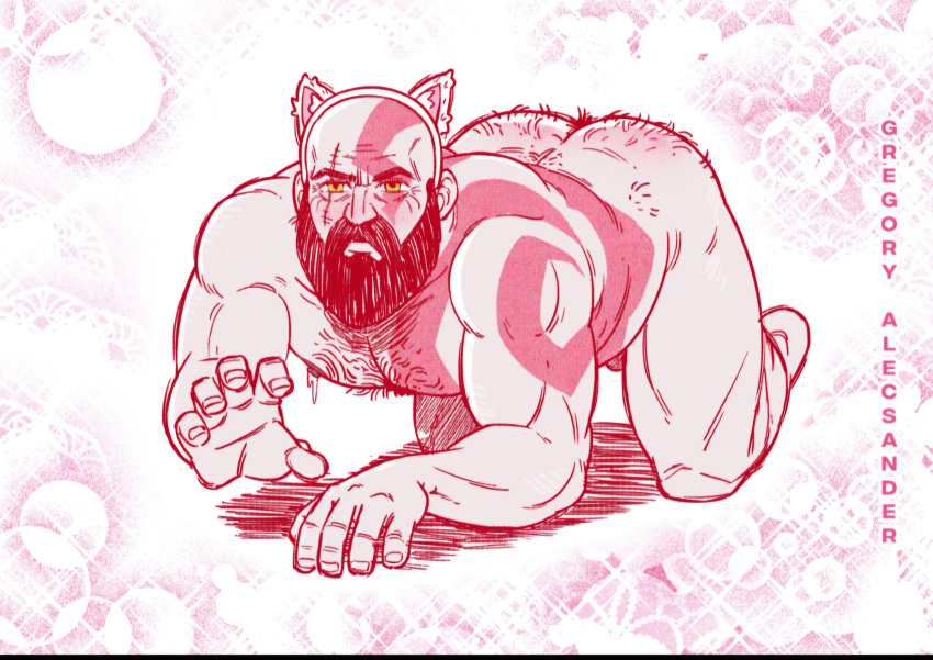 bald bald_man bara beard cat_ears daddy dilf facial_hair fat_ass gay god_of_war gregory_alecsander hairy_ass kratos male male_focus male_only masculine_male mature_male muscles muscular muscular_male older_male on_all_fours provocative red_markings white_body white_skin yaoi