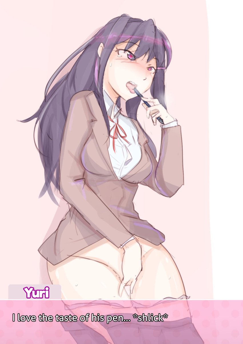 9_9bird blush doki_doki_literature_club female heart-shaped_pupils looking_away looking_pleasured masturbation pen purple_eyes purple_hair semi-nudity solo tongue tongue_out yuri_(doki_doki_literature_club)