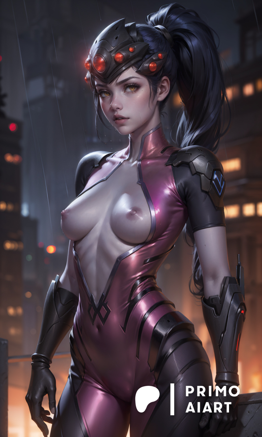 ai_generated armor blizzard_entertainment bodysuit breasts_exposed breasts_out breasts_out_of_clothes colored_skin headgear long_hair nipples overwatch overwatch_2 ponytail primo_aiart purple_hair purple_skin shoulder_pads skinny slender_body solo solo_female video_games widowmaker yellow_eyes