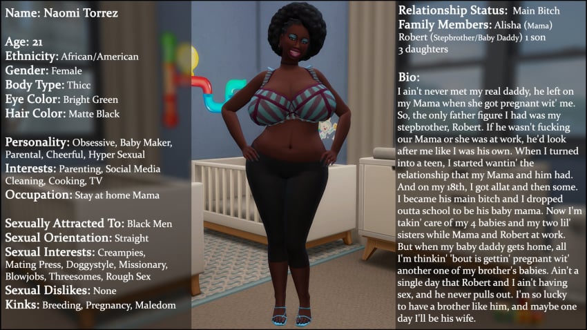3d afro afro_hair big_boobs big_breasts big_lips big_tits breeding breeding_kink character_sheet english english_text high_heel_sandals high_heels high_resolution impregnation_kink original_character original_characters pink_lipstick sexy sexy_body sexy_pose sim_doe sims sims4 sims_4 step-incest stepcest text the_sims the_sims_4 thick thick_ass thick_hips thick_legs thick_thighs young_female young_woman younger_female