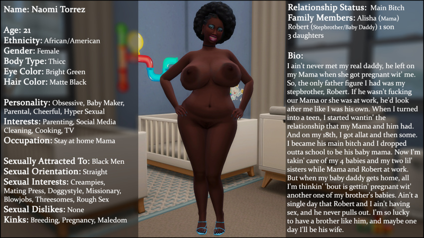 3d afro afro_hair big_boobs big_breasts big_lips big_nipples big_tits breeding breeding_kink character_sheet english english_text high_heel_sandals high_heels high_resolution impregnation_kink naked naked_female nude nude_female original_character original_characters pink_lipstick sexy sexy_body sexy_pose sim_doe sims sims4 sims_4 step-incest stepcest text the_sims the_sims_4 thick thick_ass thick_hips thick_legs thick_thighs veiny_breasts young_female young_woman younger_female