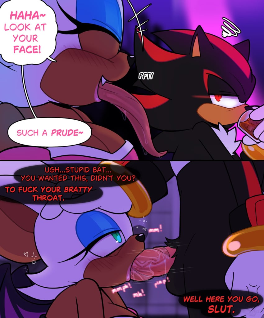 2026 anthro anthro_on_anthro bat black_body black_fur blue_eyeshadow blush blush_lines breasts bubble cleavage clothed clothing cross-popping_vein dialogue dirty_talk drinking drunk drunk_bubble duo english_text eonbnnuy eulipotyphlan eyeshadow fangs fellatio female fur hedgehog hi_res lipstick long_tongue makeup male male/female mammal oral penile penis_in_mouth pink_lipstick rouge_the_bat sega sex shadow_the_hedgehog sonic_the_hedgehog_(series) substance_intoxication teeth text tongue tongue_around_penis white_body white_fur
