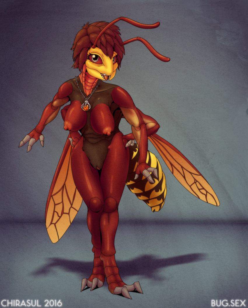 2016 4_arms abdomen antennae anthro areola arthropod breasts chirasul female full-length_portrait hair hi_res insect_wings insects jewelry looking_at_viewer mandibles multi_arm multi_limb necklace nipples nude open_mouth pendant portrait pussy shadow simple_background solo standing teeth tongue wasp watermark wings