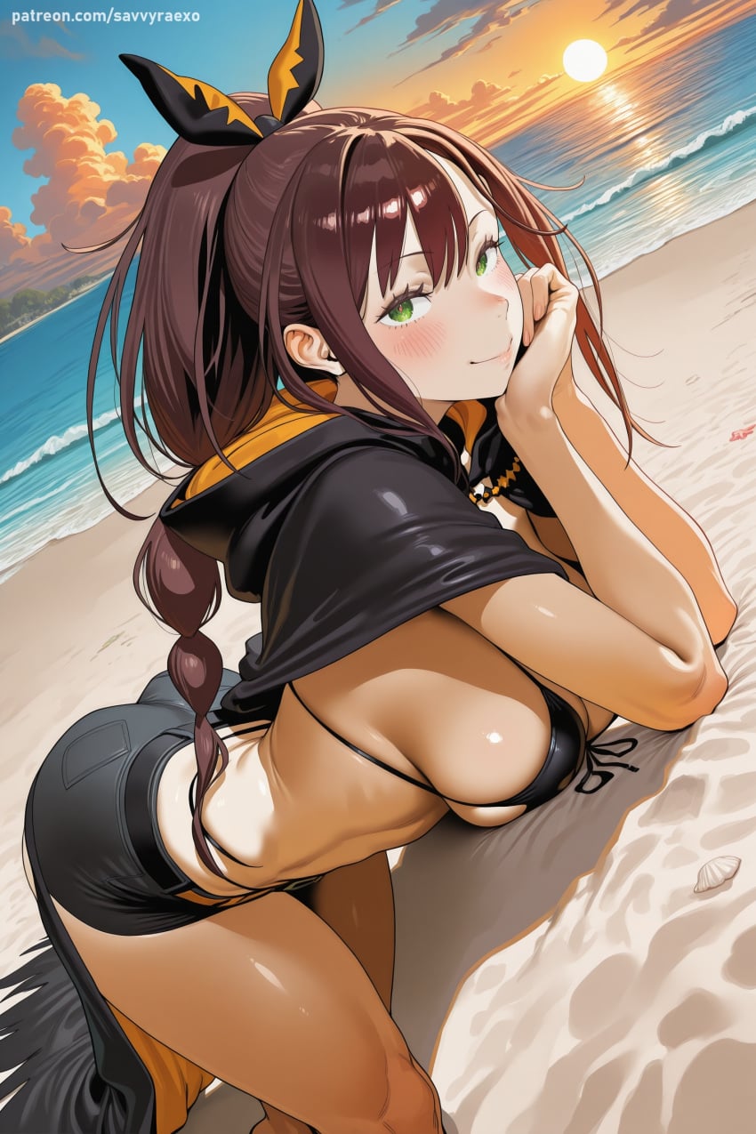 1girl ai_generated bangs beach bikini black_bikini blush braid breasts brown_hair cape cloud day green_eyes hair_ribbon hi_res high_quality high_resolution horizon large_breasts long_hair looking_at_viewer ocean outdoors patreon ponytail re:zero_kara_hajimeru_isekai_seikatsu ribbon sand savvyraexo seductive sexy shaula_(re:zero) shore sky smile solo swimsuit uncensored water watermark