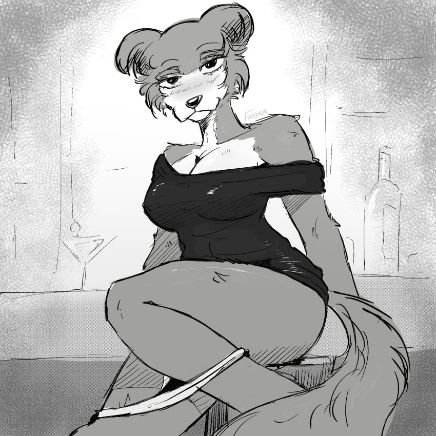 alcohol alcohol_bottle anthro bar beastars bedroom_eyes beverage beverage_bottle big_breasts black_nose blush blush_lines bottle breasts canid canine canis cleavage clothed clothing container dress facial_tuft female foxtra hi_res humanoid juno_(beastars) looking_at_viewer mammal manga_style narrowed_eyes off_shoulder oxtra panties panties_down pantsless partially_clothed seductive sitting solo tail thick_thighs tuft underwear underwear_down undressing wolf