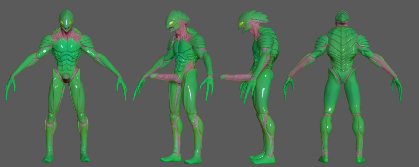 1boy 3d alien erection full-length_portrait full_length green_skin male male_only metroid model_sheet nintendo penis polybits portrait solo space_pirate standing yellow_eyes zebesian
