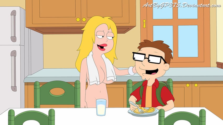 accurate_art_style american_dad big_breasts blonde_hair breasts casual eyewear female francine_smith gp375 hair human incest male milf pale_skin steve_smith wristwear