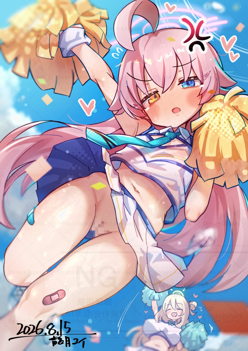 2026 2girls absurdres ahoge alternate_costume anger_vein arm_up bandaid bandaid_on_leg blonde_hair blue_archive blue_eyes blue_necktie breasts censored cheerleader commentary_request confetti dated dutch_angle fang flat_chest furrowed_brow halo heart heterochromia highres hoshino_(blue_archive) large_breasts long_hair midriff mosaic_censoring multiple_girls navel necktie no_nose no_panties nonomi_(blue_archive) open_mouth orange_eyes panties pink_hair pink_halo pom_pom_(cheerleading) pussy shirt signature skin_fang skirt solo_focus underwear upskirt very_long_hair watermark white_panties white_shirt white_skirt yui_(tdragono_1011)