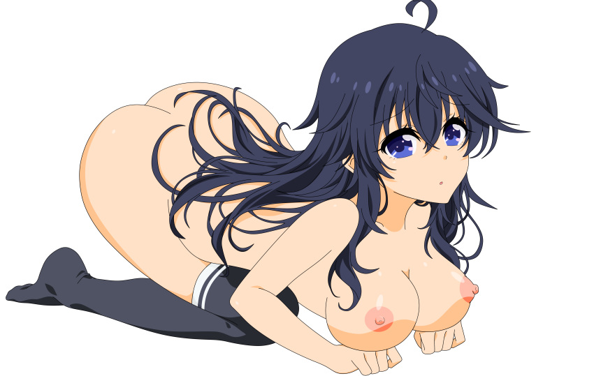 ahoge artist_request bangs black_hair blue_eyes breasts cleavage cleft_of_venus covering_breasts female hair_ribbon highres large_breasts leaning_forward legs long_hair looking_at_viewer netoge_no_yome_wa_onna_no_ko_janai_to_omotta? nude nude_filter open_mouth photoshop simple_background smile solo standing tamaki_ako thighs tied_hair transparent_background twintails uncensored vector_trace white_background