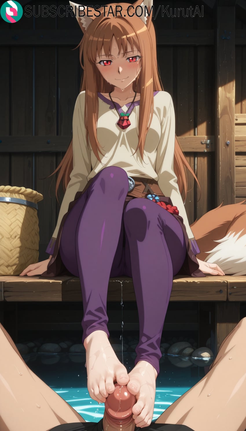 holo spice_and_wolf holo_(spice_and_wolf) rating:explicit wolf_ears penis 1boy hetero wolf_girl tail red_eyes footjob long_hair animal_ears feet wolf_tail brown_hair blush sweat breasts indoors smile pov solo_focus cum eyebrows_visible_through_hair barefoot ejaculation uncensored toes medium_breasts pussy_juice wet_clothes 1girls ai_generated artist_name artist_signature hi_res high_resolution highres kurutai subscribestar subscribestar_username