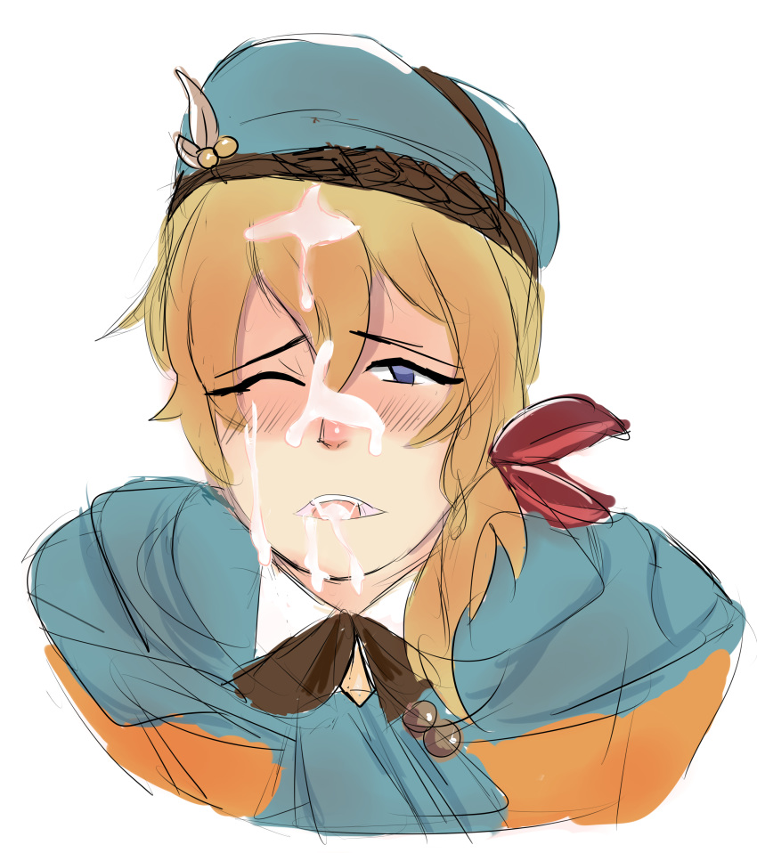 1boy blonde_hair blue_eyes blush clothes cum cum_in_mouth cum_on_face gay hair hat headgear long_hair male one_eye_closed open_mouth ponytail rune_factory rune_factory_3 rusk solo tied_hair yaoi young