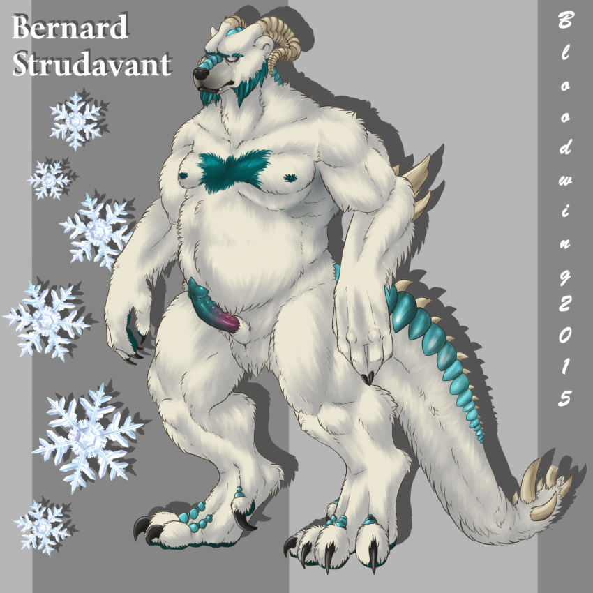 1boy bear belly bernard chubby claws dragon erection fangs feet full-length_portrait full_length furry grey_background horns hybrid male male_only mammal nipples nude original original_character penis polar_bear portrait scar simona solo spikes standing tail testicles text white_fur