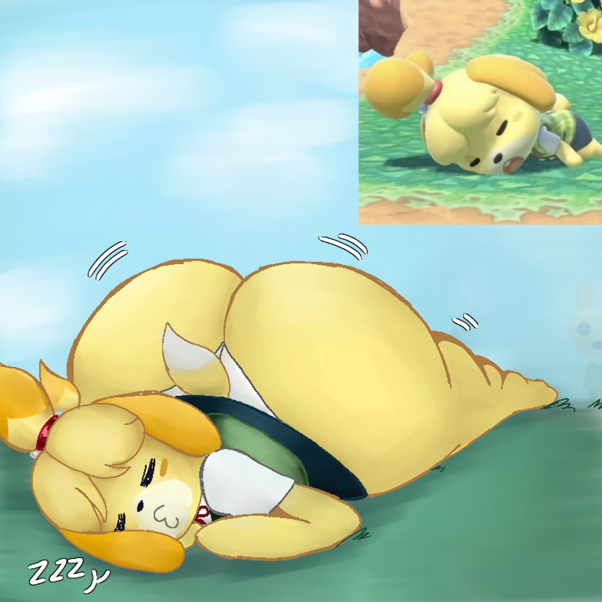 2024 animal_crossing ass big_ass big_butt canine dog_ears dog_girl dog_tail huge_ass huge_butt isabelle_(animal_crossing) laying_on_stomach lolbear_9 nintendo reference_image sleeping tagme