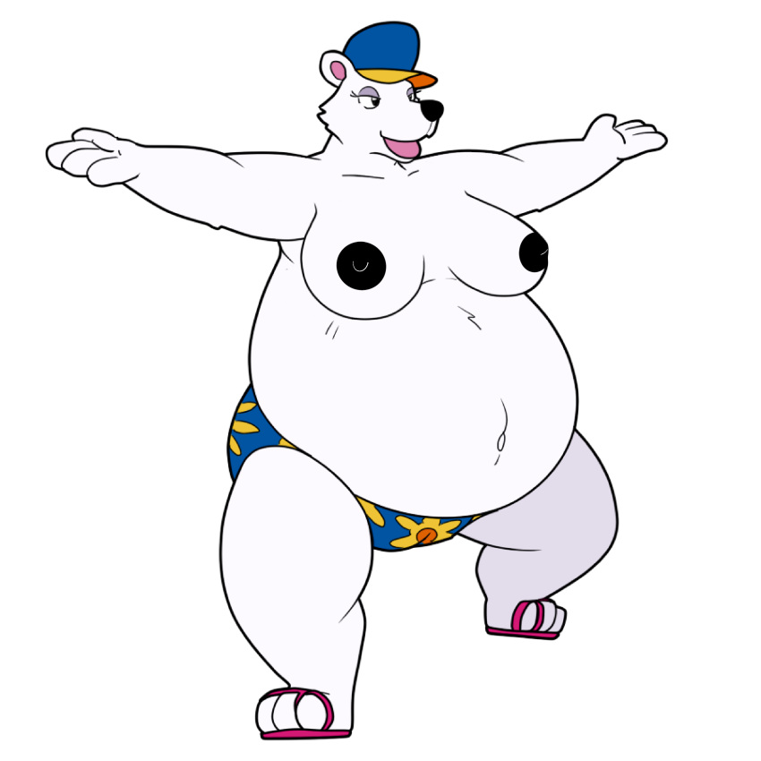 anthro arms_out bearimore bikini_bottom black_nipples breasts camel_toe exposed_breasts female_only floral_print hat overweight overweight_female partial_nudity pink_sandals plain_background polar_bear sandals semi-nude semi_nude the_adventures_of_corduroy topless topless_female ursine usis white_background