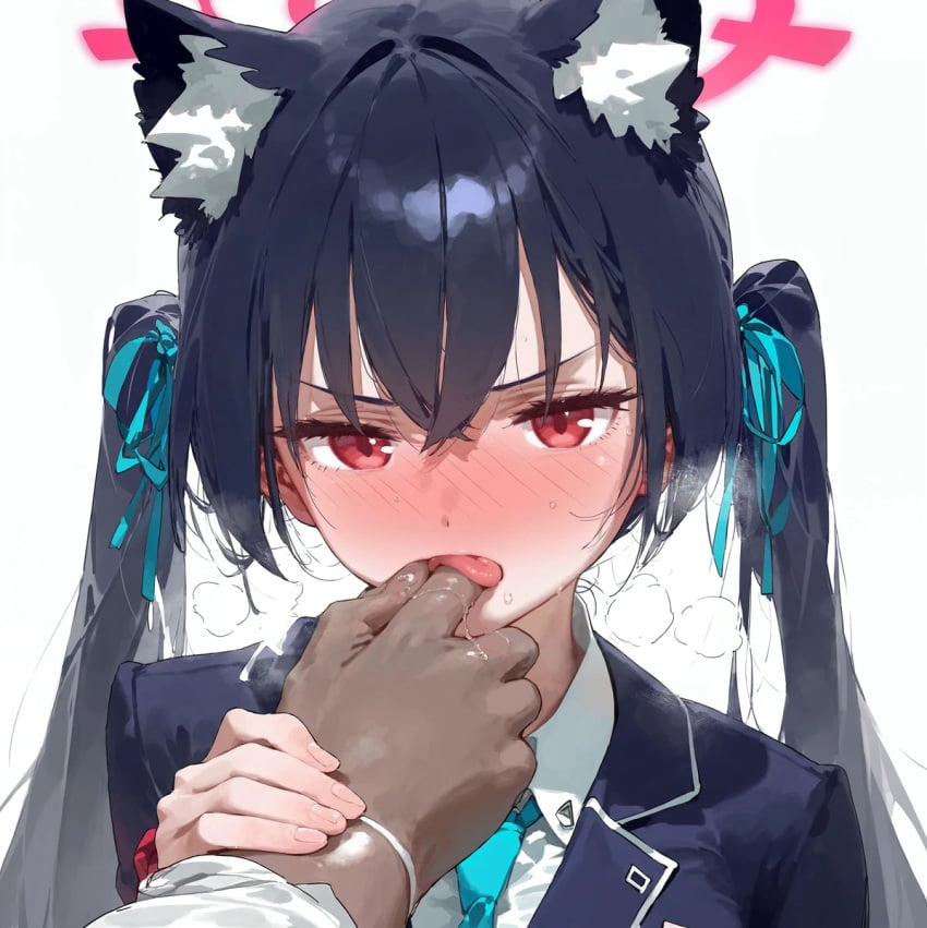 1boy 1girls ai_generated angry black_hair blue_archive blush cat_ears dark-skinned_male dark_skin embarrassed fetish hair_ribbon huge_breasts interracial large_breasts licking_fingers light-skinned_female light_skin looking_at_viewer red_eyes school_uniform schoolgirl serika_(blue_archive) twintails uncle_illustration