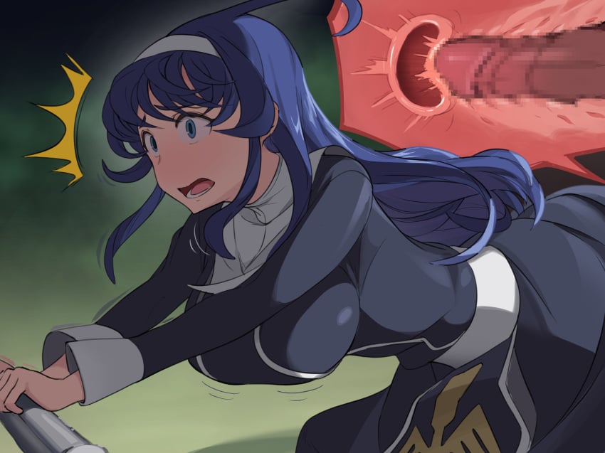 ahoge black_dress blue_eyes blue_hair breasts censored clothed_sex cross_section dress hairband highres large_breasts long_hair lower_teeth_only mosaic_censoring nun open_mouth orie_ballardiae orie_ballardiae_harada sex sex_from_behind teenager teeth tongue touniyuu under_night_in-birth uterus white_hairband