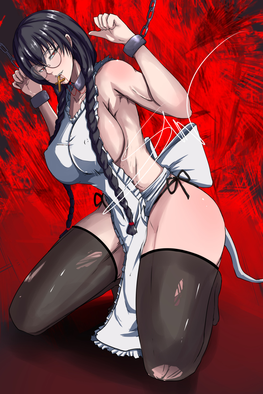 1girls big_breasts black_lagoon bondage bondage chains glasses maid roberta seductive_look seductive_smile twin_braids