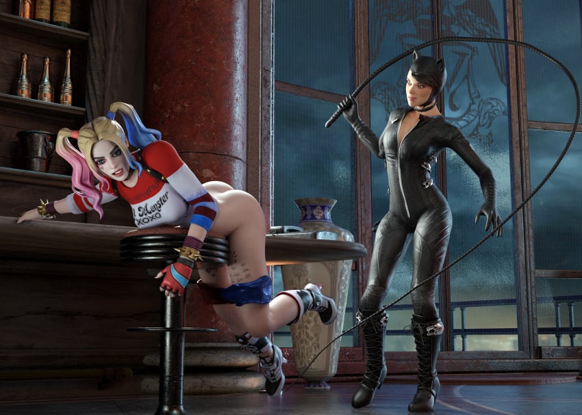 2girls 3d ass ass_focus bare_ass batman:_arkham_knight batman_(series) blender blue_eyes catsuit catwoman catwoman_(arkham) catwoman_(arkham_knight) dc dc_comics discipline dominant_female dyed_hair female femdom fortnite fortnite:_battle_royale harley_quinn harley_quinn_(fortnite) high_heels humiliation kinkblink leather naughty office pants_down punishment punishment_spanking selina_kyle shocked_expression slapping_butt spank_marks spanked_butt spanking submissive suicide_squad suicide_squad_(2016) twintails video_games whip whipping yuri