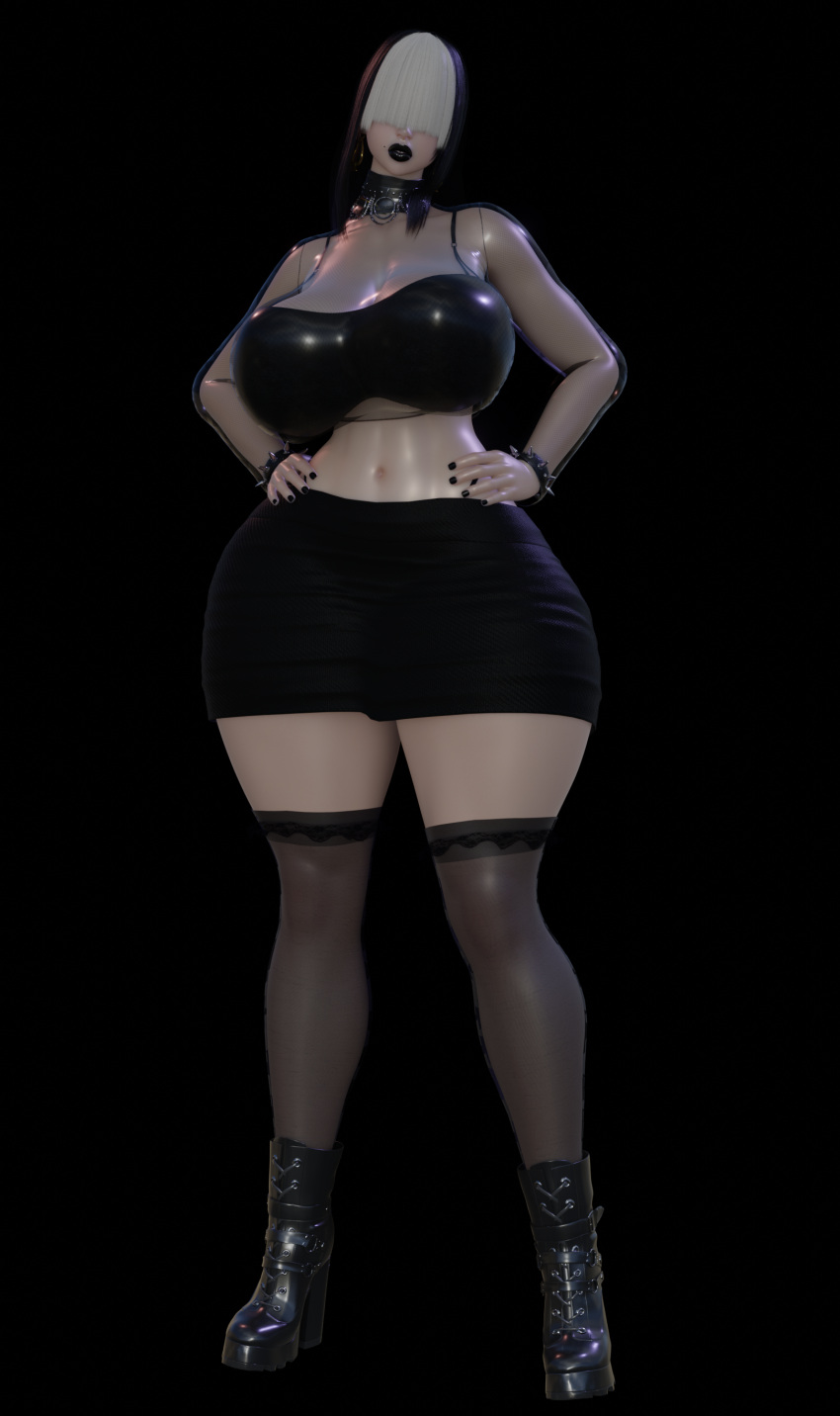 1girls 3d beauty_mark big_ass big_breasts black_hair black_lipstick blender_(software) clothed clothed_female clothing exerart female female_only goth goth_girl goth_mommy gothmom lipstick solo thick thick_thighs white_hair