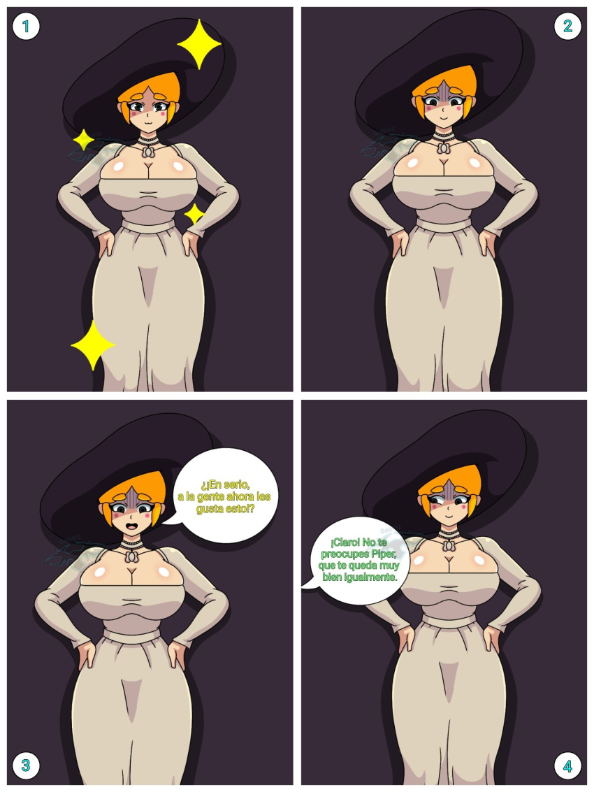 alcina_dimitrescu alcina_dimitrescu_(cosplay) big_breasts big_nipples blush brawl_stars clothed collar comic_page female female_focus gabviz hat looking_at_viewer necklace piper_(brawl_stars) resident_evil spike_(brawl_stars)