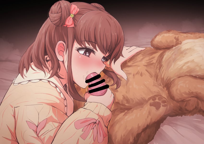 absurdres bar_censor blunt_bangs blurry blush bow brown_eyes brown_hair canine censored close-up clothed_sex depth_of_field double_bun fellatio female gradient_background hair_bun hair_ornament hairbow highres idolmaster idolmaster_cinderella_girls large_penis munakata_atsumi oral penis saliva sidelocks solo_focus tomawarinosuizou zoophilia