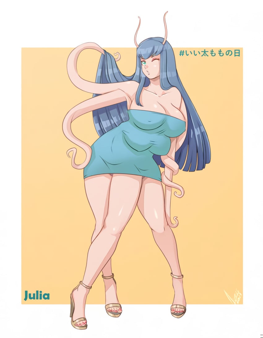 3_legs 4_arms 4_breasts accessworld antennae blue_hair crossed_legs green_eyes high_heels long_hair multi_arm multi_breast multi_leg multi_limb one_eye_closed painted_nails sandals tentacle tentacle_arms tentacle_hands