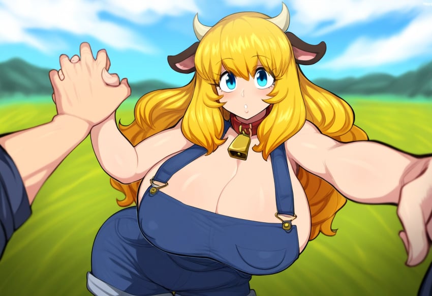 1boy 1boy1girl 1girls ai_generated blonde_hair breasts breasts_bigger_than_head covered_nipples cow_girl farm female horns huge_breasts monster_girl mullon novelai original overall_shorts overalls pov pov_hands