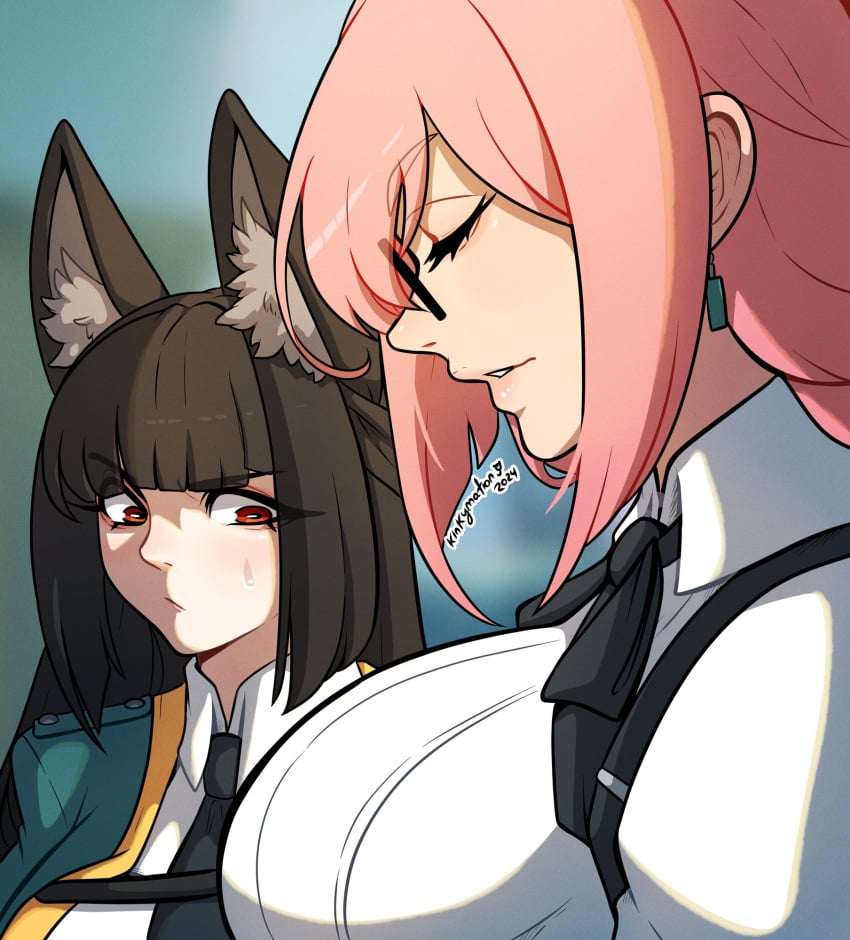 2girls big_breasts black_hair breast_awe breast_envy breasts earrings female female_only fox_ears fox_girl funny girl_staring_at_guy's_chest hoshimi_miyabi kinkymation lips looking_at_breasts meme mihoyo pink_hair shirt size_difference tie yanagi_(zenless_zone_zero) zenless_zone_zero