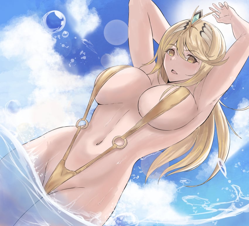 1girls absurd_res arms_up big_breasts blonde_hair blue_sky breasts calmgreentori circlet cloud cloudy_sky commentary english_commentary high_res long_hair looking_at_viewer mythra navel nintendo o-ring o-ring_swimsuit open_mouth outside sky sling_bikini slingshot_swimsuit stomach swept_bangs swimsuit water xenoblade_(series) xenoblade_chronicles_2 yellow_eyes yellow_slingshot_swimsuit