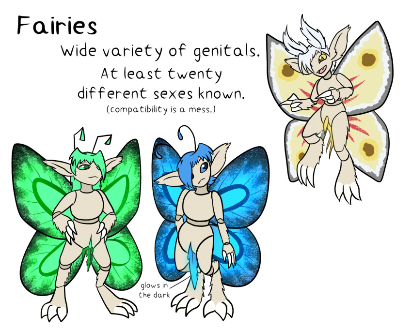 ambiguous_gender annotated antennae_(anatomy) blue_hair claws diagram duster_(slightly_damned) english_text eve_(slightly_damned) fairy finger_claws genitals glowing glowing_genitalia green_hair group hair hi_res humanoid insect_wings lepidopteran_wings long_ears lore schematic segmented_body slightly_damned text toe_claws trio unusual_anatomy unusual_genitalia willow_(slightly_damned) wings worldbuilding