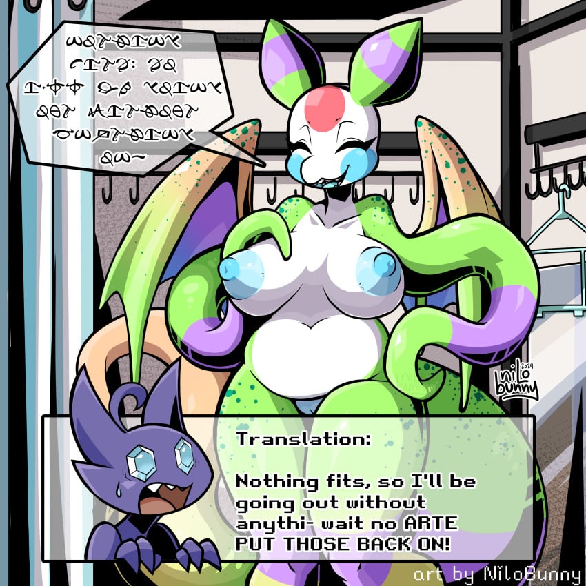 absurd_res alien anthro barely_visible_genitalia barely_visible_pussy big_breasts bikini blue_nipples breasts changing_room character_cipher clothing dragon duo female generation_3_pokemon genitals green_body green_skin hamsteroftime hi_res male male/female multicolored_body mythological_creature mythological_scalie mythology nintendo nipples pokemon pokemon_(species) pussy sableye sableye_(xenomata) scalie slightly_chubby swimwear tentacle_arms text two-piece_swimsuit white_body white_skin wingdings_text wings