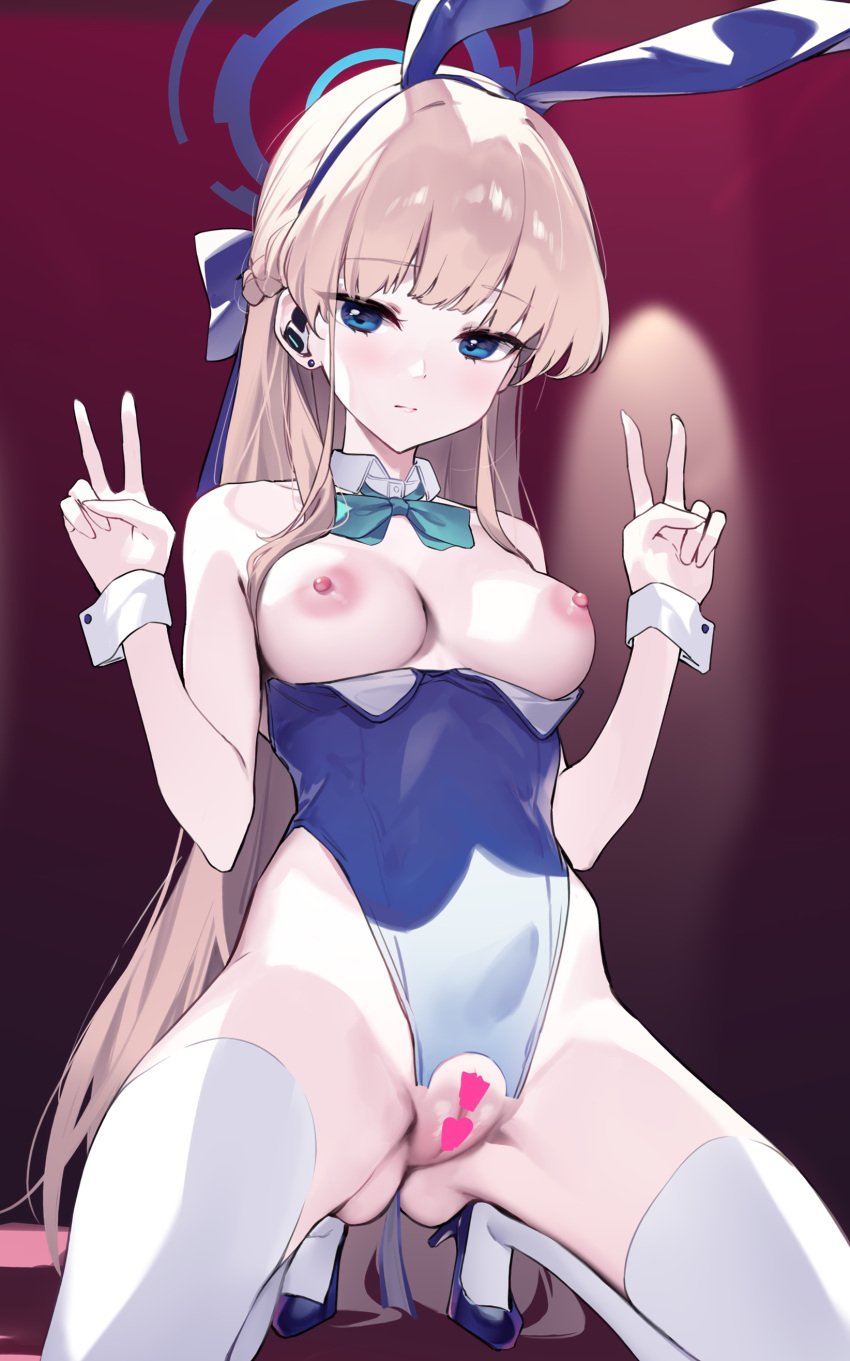 absurdres animal_ears bare_shoulders blonde_hair blue_archive blue_eyes blue_leotard blush bow bowtie braid breasts censored detached_collar double_v earpiece fake_animal_ears female halo highleg highleg_leotard highres kneeling leotard long_hair looking_at_viewer medium_breasts nipples official_alternate_costume playboy_bunny rabbit_ears solo thighhighs thighs toki_(blue_archive) toki_(bunny)_(blue_archive) v white_thighhighs wrist_cuffs yaguo