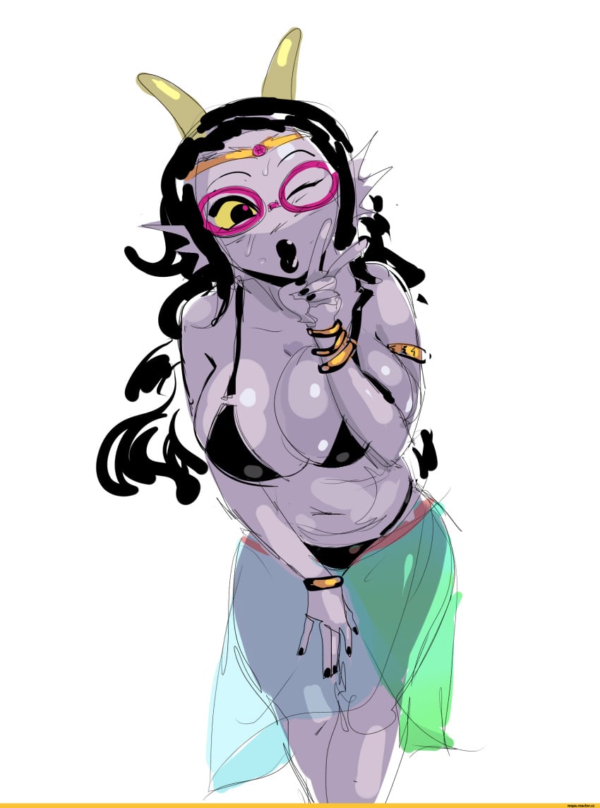 1girls alien alien_humanoid bikini color colored colored_skin dominus_ignis feferi_peixes female female_focus female_only fins full_color glasses headgear headwear homestuck homestuck_troll horn horns humanoid humanoid_alien lipstick long_hair long_hair_female long_skirt looking_at_viewer lysanthum makeup peace_sign princess royal royalty solo solo_female suggestive troll