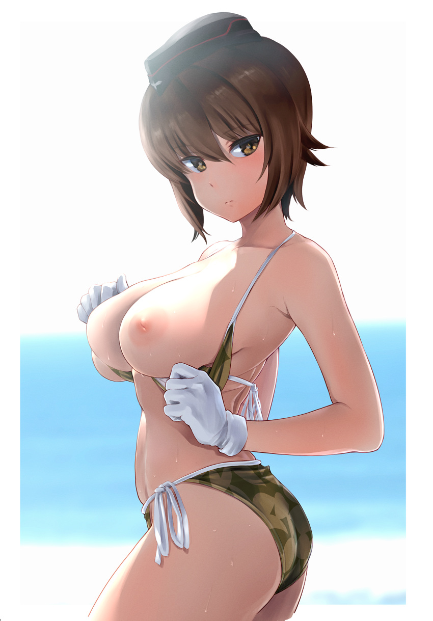 ass bikini bikini_pull breasts breasts_out brown_eyes brown_hair female garrison_cap girls_und_panzer gloves inverted_nipples large_breasts looking_at_viewer nipples nishizumi_maho outdoors short_hair solo wa_(genryusui) wet